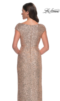 Back view of the Long Formal Dress: La Femme 30865, a floor-length, rose gold sequined sheath evening gown with cap sleeves and a boat neckline.