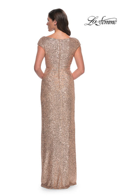 Back view of the Long Formal Dress: La Femme 30865, a floor-length, rose gold sequin dress in a sheath silhouette with cap sleeves and a boat neckline.