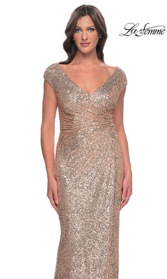 La Femme 30865 long formal dress featuring a rose gold sequin, cap-sleeve, V-neck, floor-length sheath silhouette with gathered waist detailing.