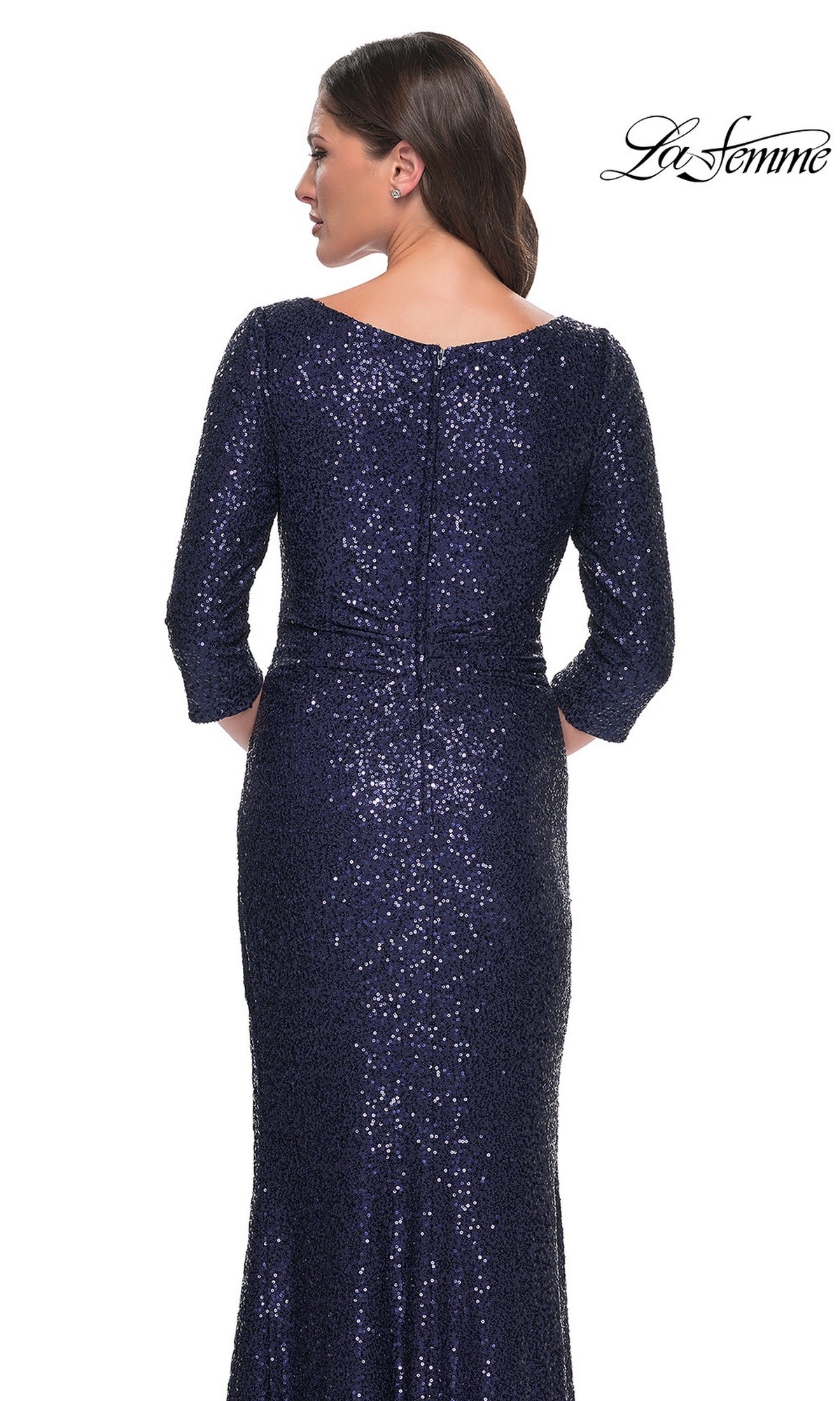 Back view of a woman wearing a La Femme 30879 floor-length navy sequin formal dress with three-quarter sleeves and a boat neckline.