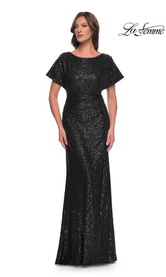 Short-Sleeve Sequin Ruched Fitted Long Formal Dress Navy / 10 Short-Sleeve Sequin Ruched Fitted Long Formal Dress Navy / 10