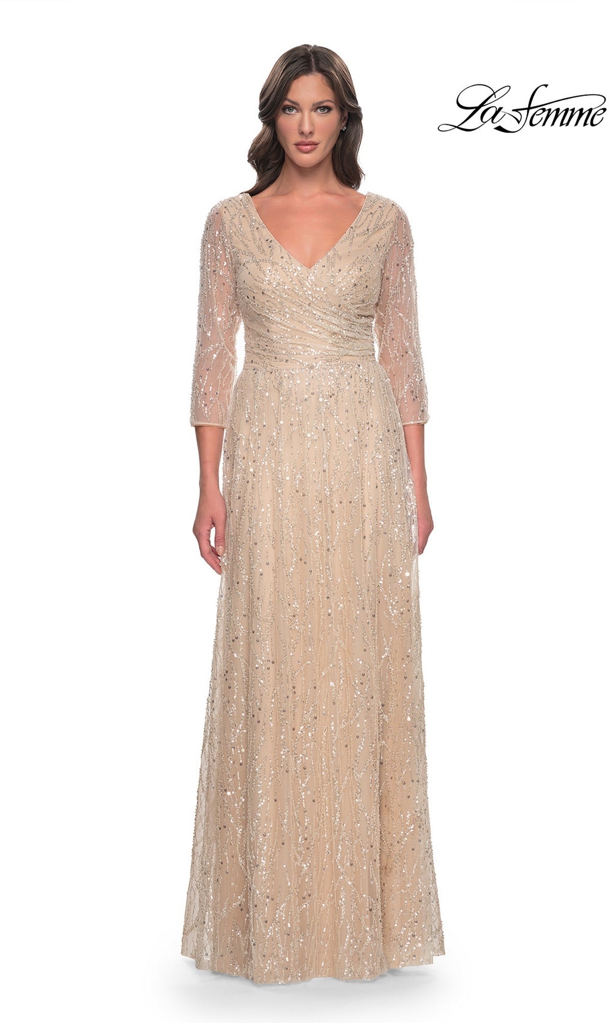 La Femme 30911 long formal dress in champagne, featuring a V-neck, three-quarter sleeves, and all-over sequin embellishments.