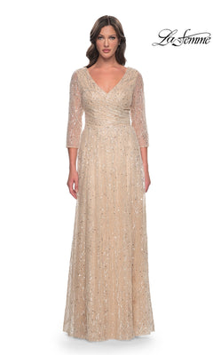 La Femme 30911 long formal dress in champagne, featuring a V-neck, three-quarter sleeves, and all-over sequin embellishments.
