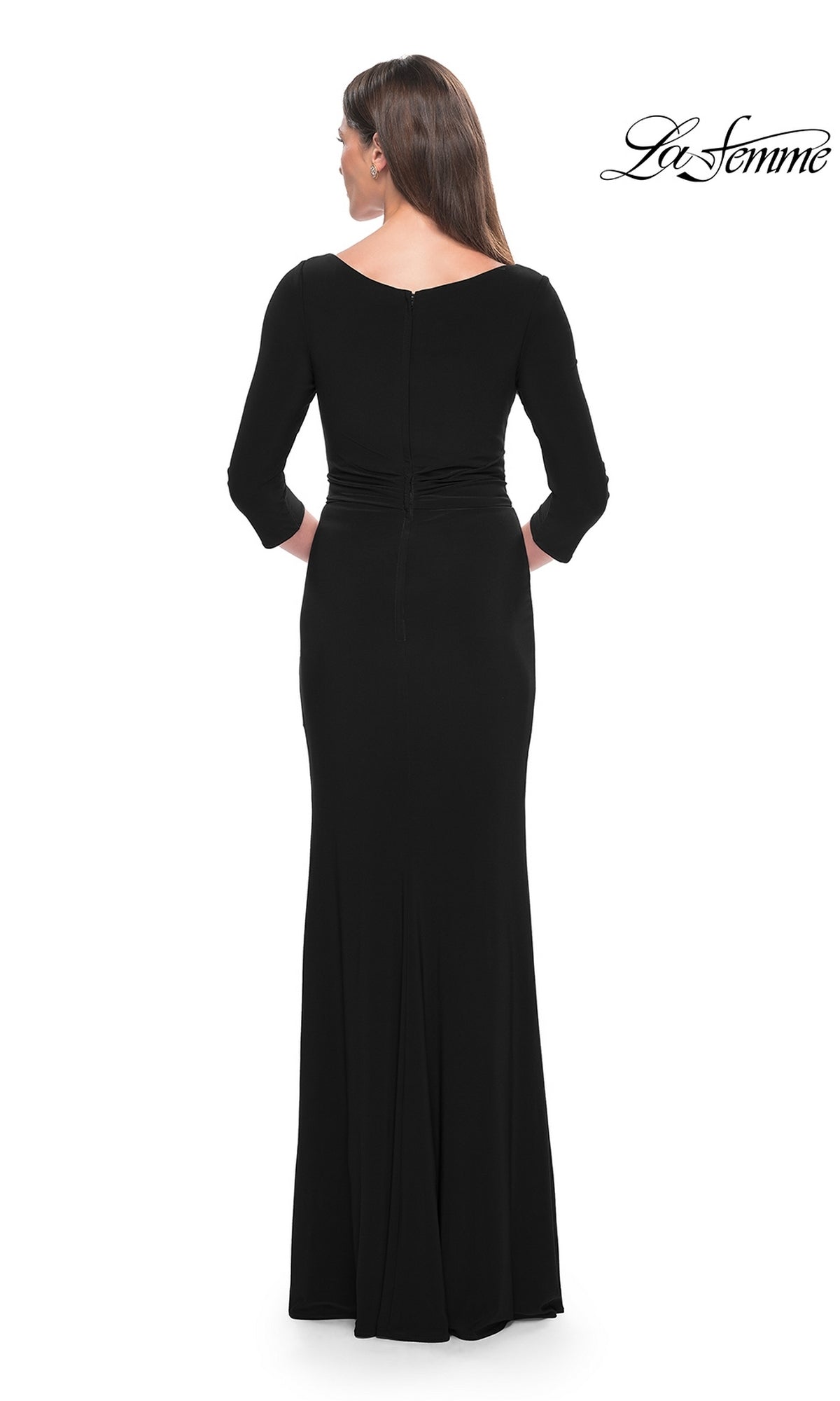 A woman is shown from the back in the La Femme Sleeved Simple Jersey Formal Dress 30967, a long black dress with three-quarter sleeves, set against a white background. 