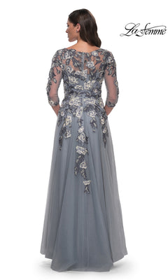 Back view of the Long Formal Dress: La Femme 30968, a floor-length slate blue gown with three-quarter sleeves and delicate floral embroidery.
