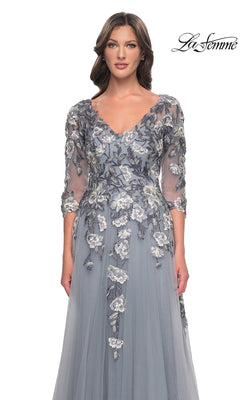 La Femme 30968 long formal dress in slate blue with a V-neck, three-quarter sleeves, and white and dark grey floral embroidery.