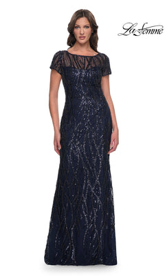 La Femme 31005 navy floor-length formal dress with short sleeves, a sheer neckline, and sequined, wavy vertical patterns.