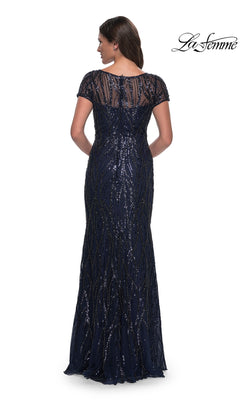 Back view of a floor-length navy beaded Long Formal Dress: La Femme 31005 with short cap sleeves, an illusion neckline, and intricate vertical embellishments.