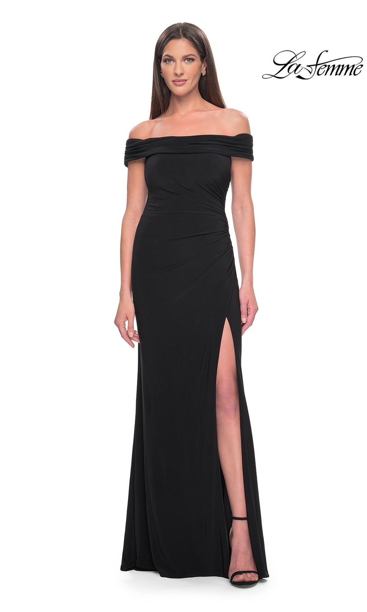 The La Femme 31086 long formal dress is a black off-the-shoulder jersey gown with a floor-length silhouette and a high-leg slit.