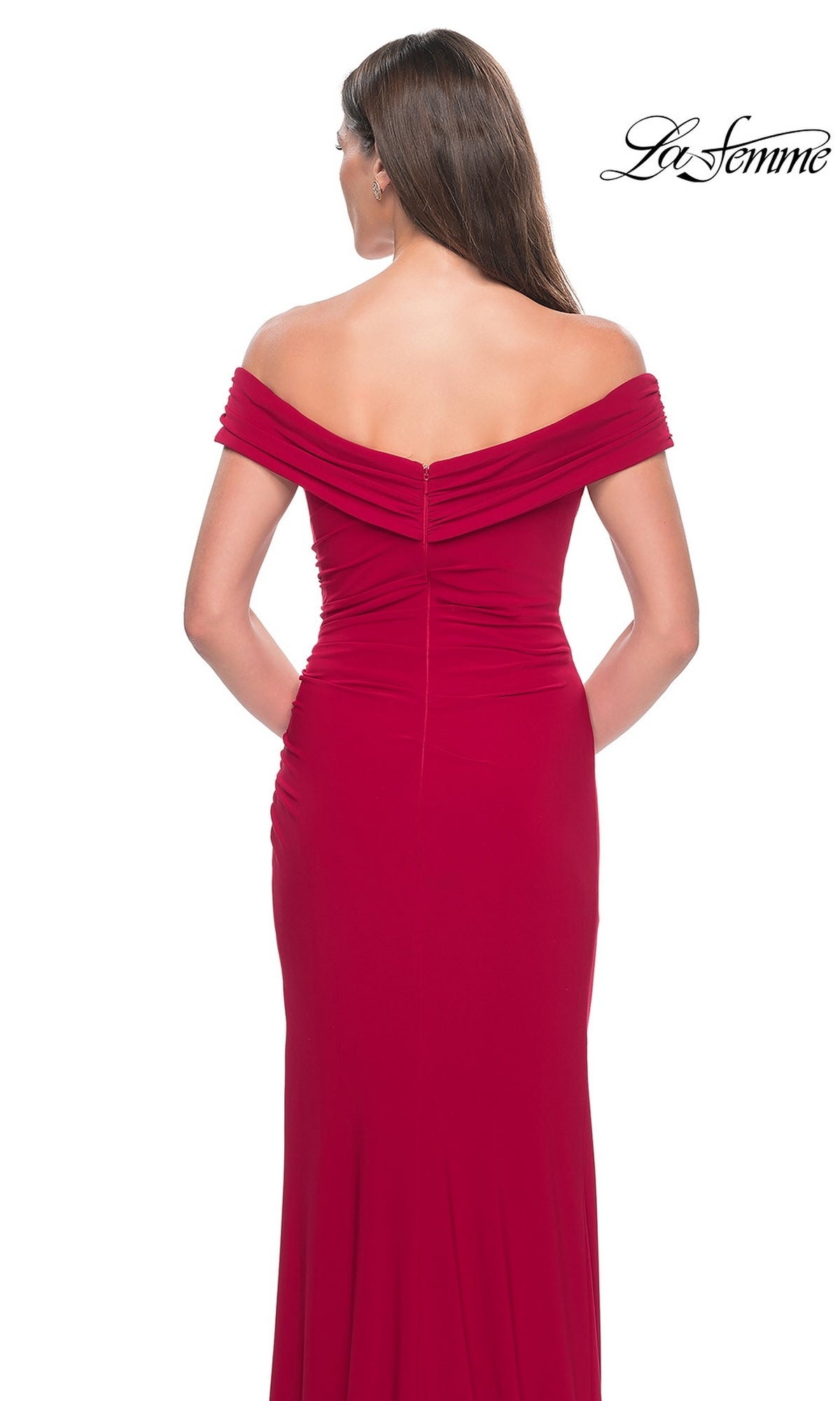 Back view of a Long Formal Dress: La Femme 31086, a floor-length red off-the-shoulder gown with a gathered bodice and high-leg slit.