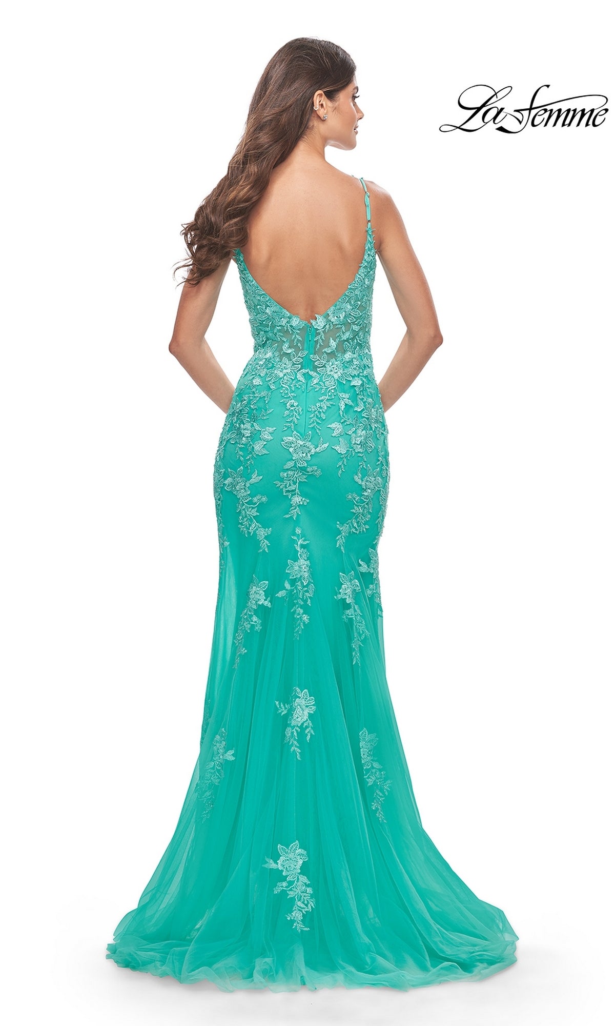 La Femme Sheer-Bodice Long Lace Prom Dress