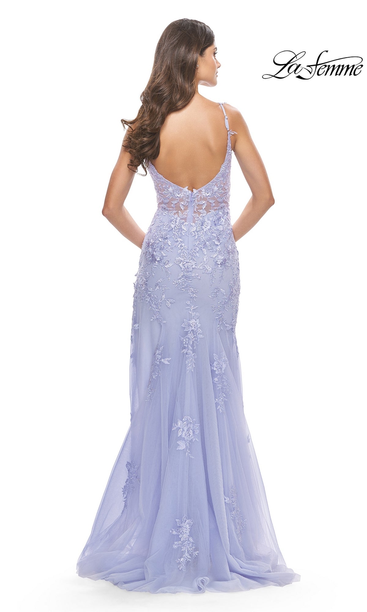La Femme Sheer-Bodice Long Lace Prom Dress