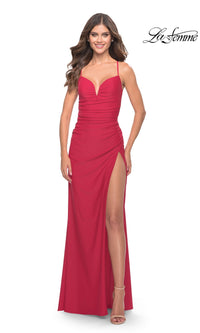 La Femme Strappy-Back Long Ruched Prom Dress 31127
