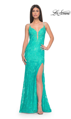 Floral-Lace Long Prom Dress with Open Back. Aqua / 8