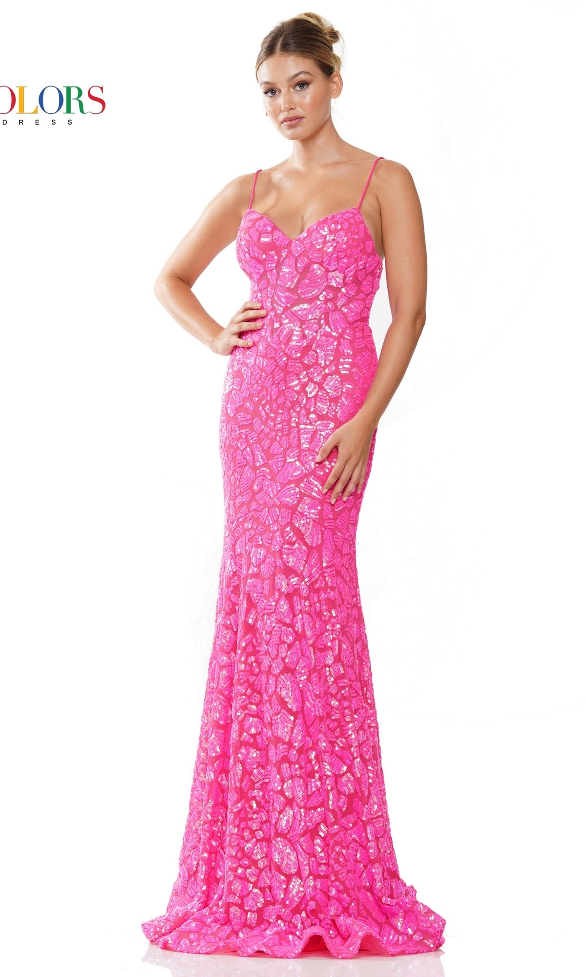SequinPrint Long Prom Dress with LaceUp Back