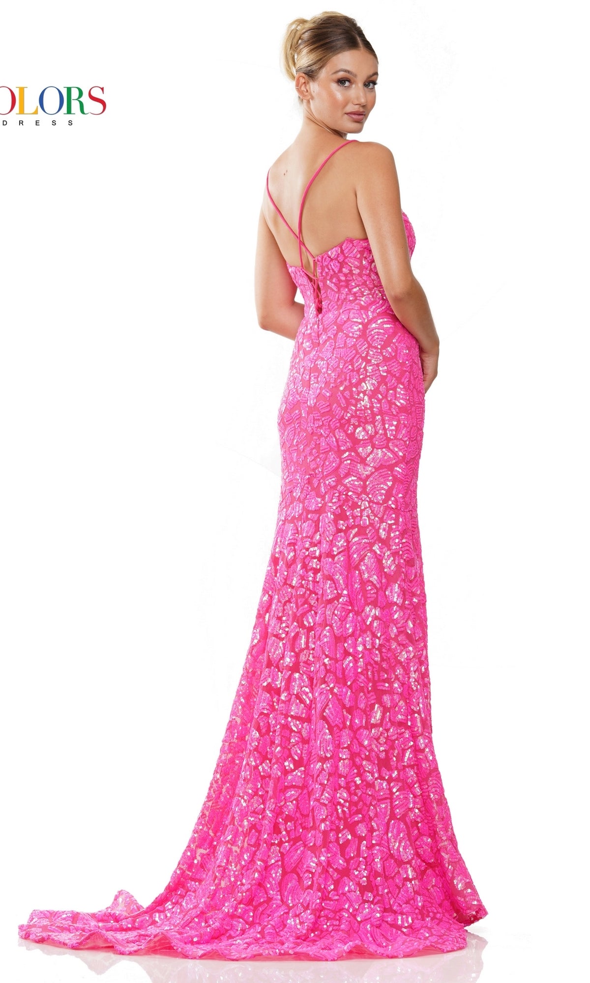 SequinPrint Long Prom Dress with LaceUp Back