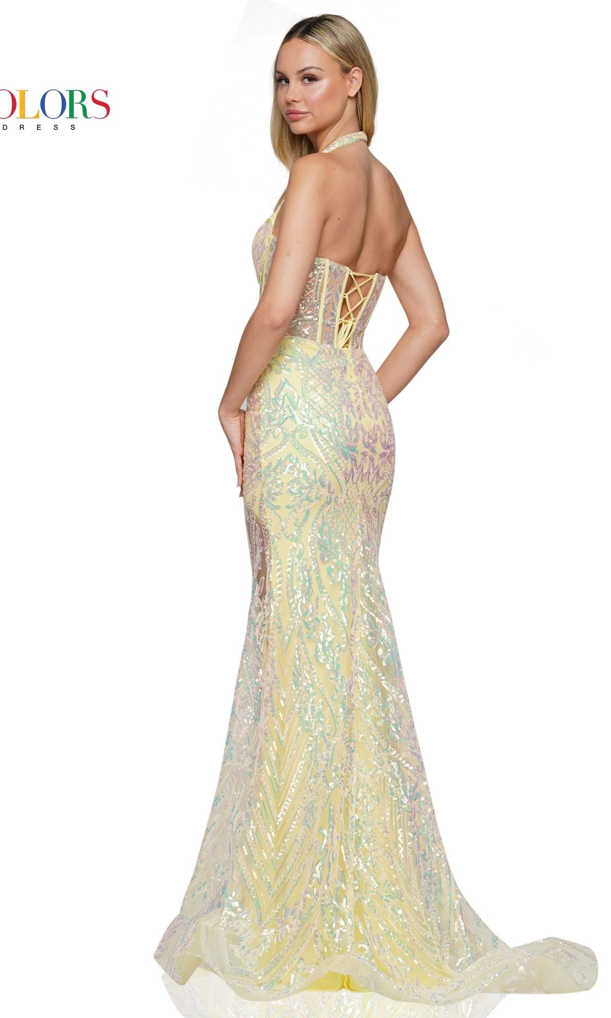 Sequin-Embroidered Long Halter Prom Dress 3114