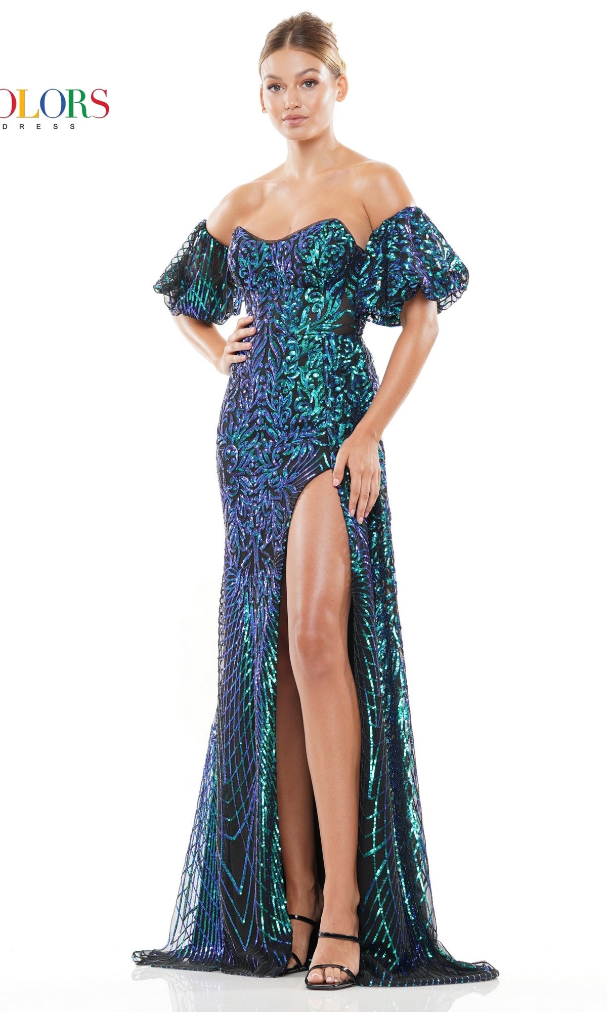 Puff-Sleeve Strapless Long Sequin Prom Dress 3115