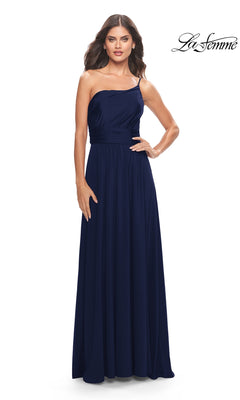 A woman poses against a plain white background in the One-Shoulder Long La Femme Formal Dress 31170, a navy blue gown with a fitted waist. The La Femme logo appears in the top right, spotlighting this elegant prom dress.