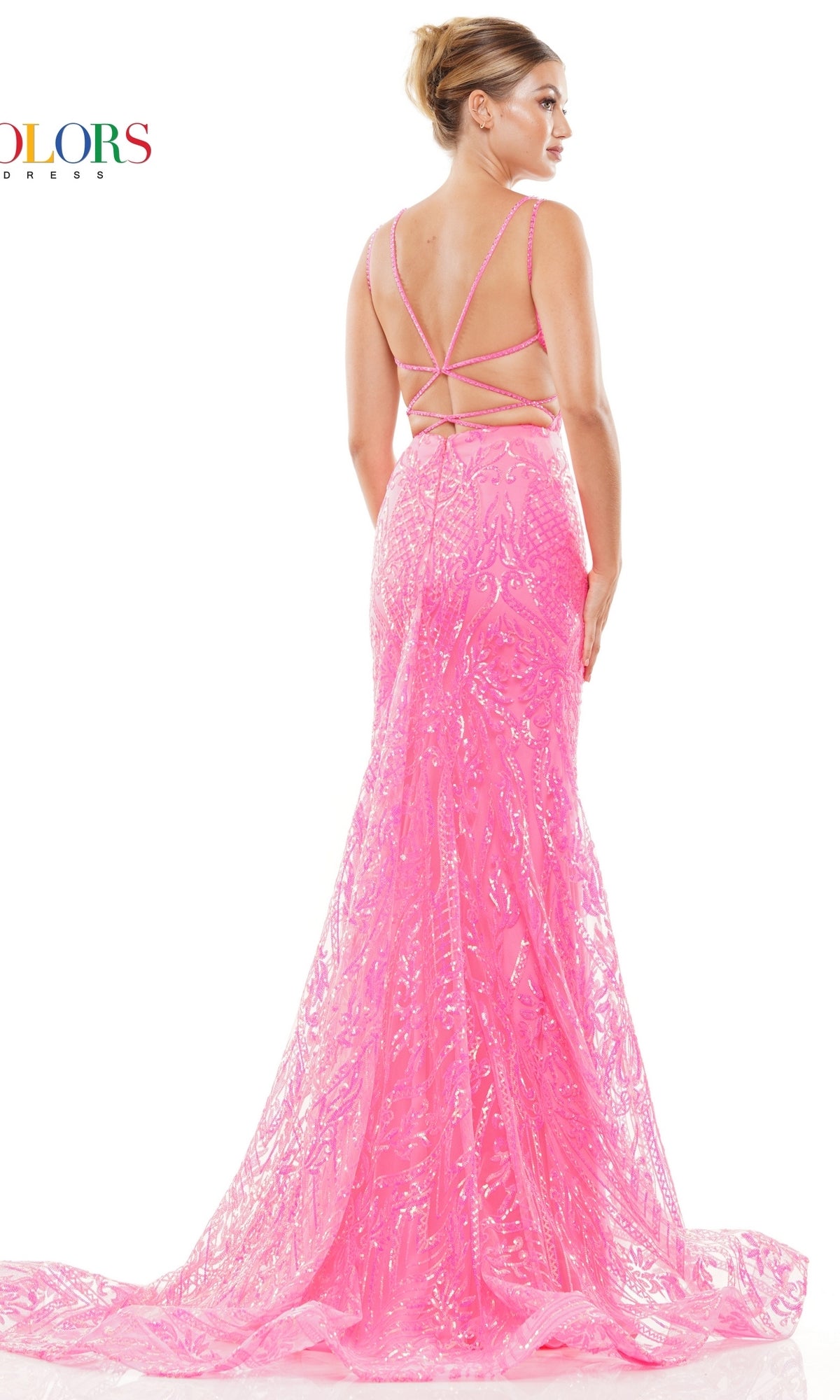 Open-Back Long Sequin-Print Prom Dress 3117
