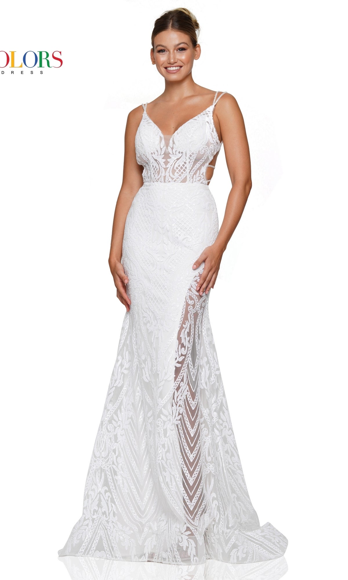 Open-Back Long Sequin-Print Prom Dress 3117
