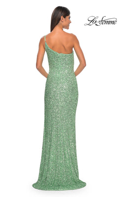 A woman stands with her back to the camera against a white background, wearing the floor-length One-Shoulder La Femme Sequin Prom Dress 31212 in green.
