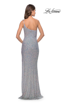 A woman faces away in the floor-length One-Shoulder La Femme Sequin Prom Dress 31212, with the La Femme logo displayed in the top right corner.