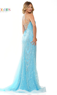 A woman models the Lace-Up Beaded Long Prom Dress 3121, a light blue gown with sequins, thin straps, and a lace-up back, against a white background.