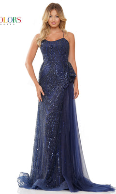 A woman wearing the Lace-Up Beaded Long Prom Dress 3121, a strapless floor-length gown with intricate sequin detailing and a sheer overlay, stands against a white background.