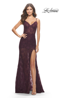 Dark berry La Femme 31252 floor-length lace prom dress with a sweetheart neckline, thin straps, and a high side slit.