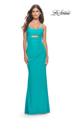 La Femme 31264 long, floor-length turquoise jersey prom dress with thin straps, a scoop neckline, and a midriff cutout.