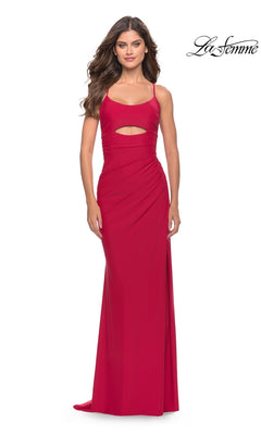 A woman wearing a La Femme 31264 long prom dress in red with a floor-length jersey skirt, a cutout bodice, and a side slit.