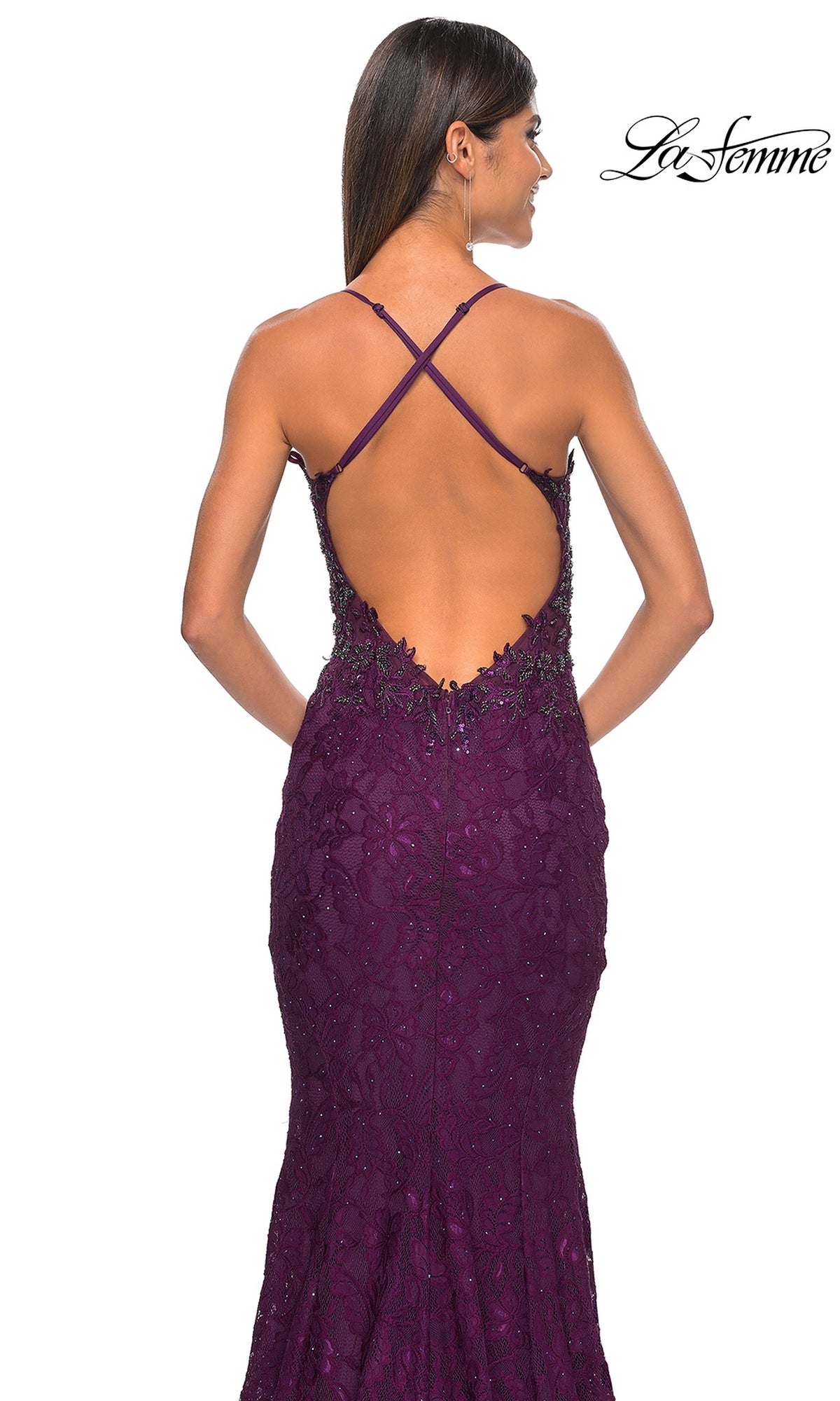 Sheer-Waist Long Beaded-Lace Prom Dress with Open Back