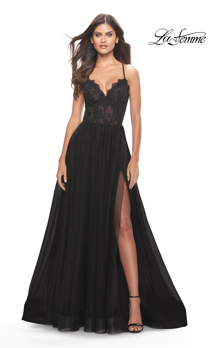 La Femme Sheer-Lace-Bodice Long Prom Dress 31271