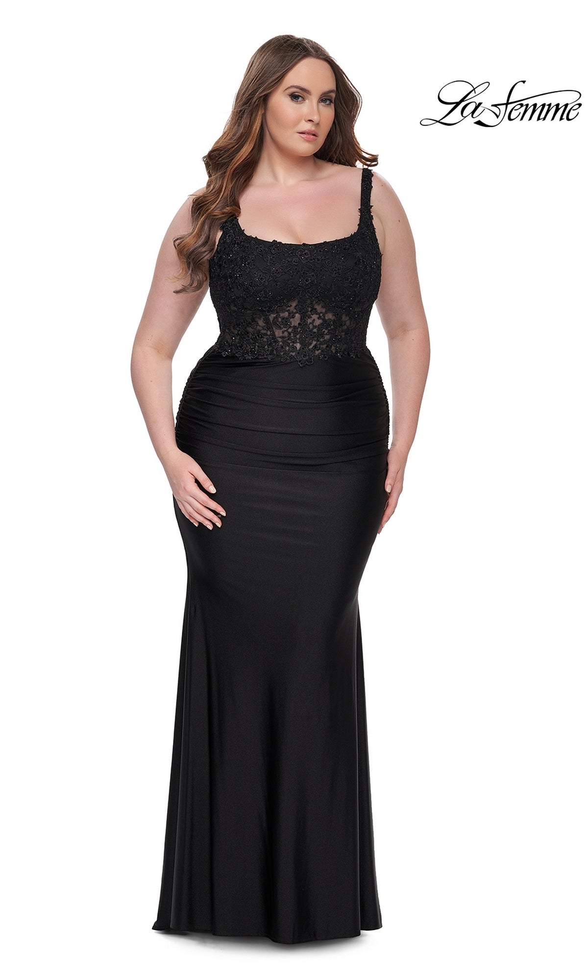 Sheer-Waist Long Plus-Size Prom Dress - PromGirl Black / 18W Sheer-Waist Long Plus-Size Prom Dress - PromGirl Black / 18W