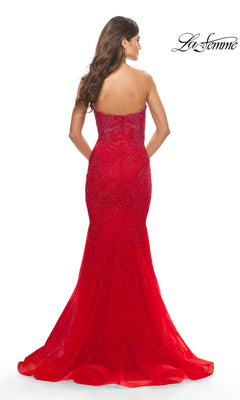 Back view of the Long Prom Dress: La Femme 31285, a strapless, floor-length red rhinestone prom dress in a tulle mermaid silhouette.