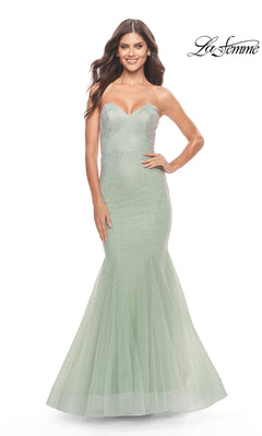 La Femme 31285 sage green, strapless, floor-length tulle mermaid gown embellished with small crystals.