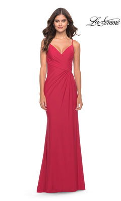 A model wearing the Long Prom Dress: La Femme 31331, a jersey gown featuring a V-neckline, gathered waist detail, and a high-leg slit.