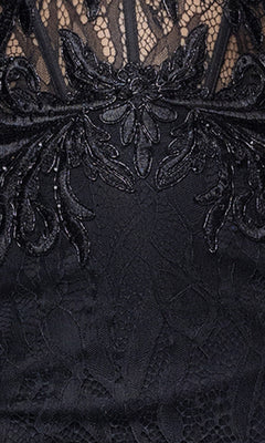 Close-up of black lace fabric with floral embroidery and sheer mesh on the Strapless Mini Hoco Dress: Blondie Nites 3135BN—ideal for a short, trendy homecoming or party look.