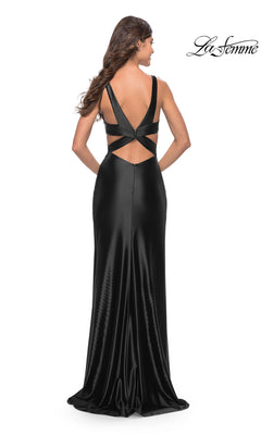 Back view of the Long Prom Dress: La Femme 31374, a floor-length liquid jersey gown with a deep V-neck and waist cutouts.
