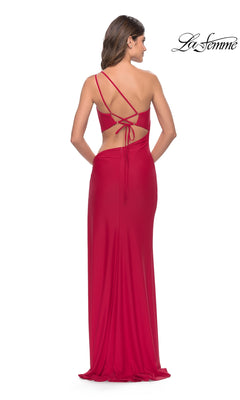 Back view of a red La Femme 31386 one-shoulder prom dress featuring a floor-length silhouette, open back with lace-up straps, and a side cutout.