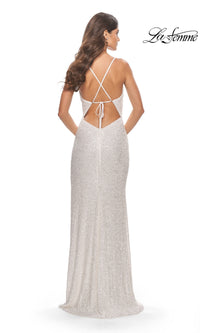 La Femme Fringe-Trim Long Sequin Prom Dress 31389