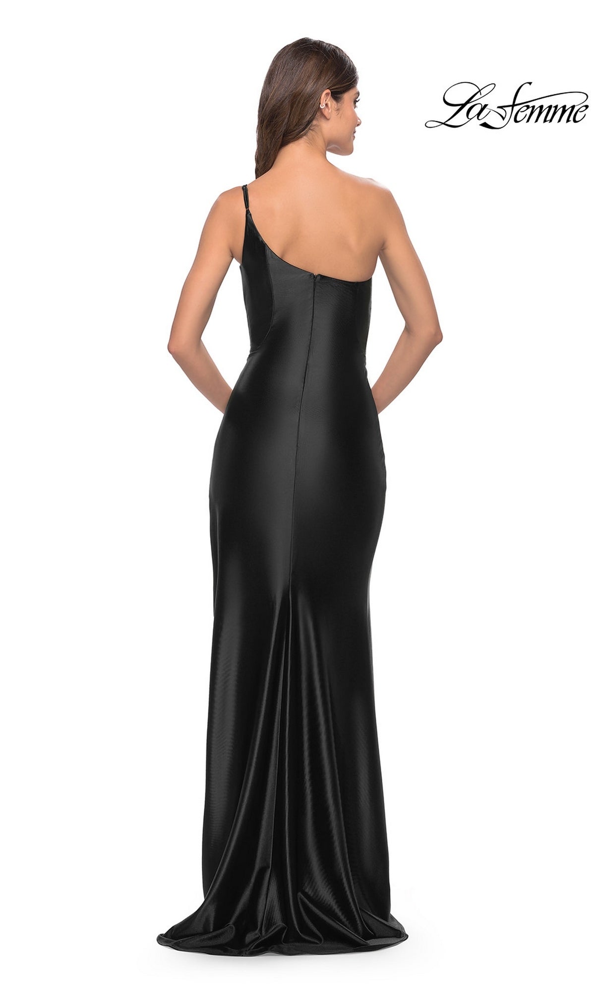 Back view of the Long Prom Dress: La Femme 31391, a floor-length black one-shoulder liquid jersey gown with a fitted silhouette.