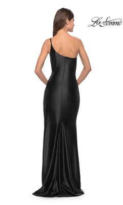 Back view of the Long Prom Dress: La Femme 31391, a floor-length black one-shoulder liquid jersey gown with a fitted silhouette.