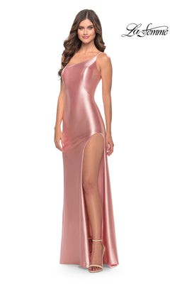 A person wears the La Femme 31391 long prom dress, a shimmering rose-gold, one-shoulder liquid jersey gown with a high leg slit and matching strappy heels.
