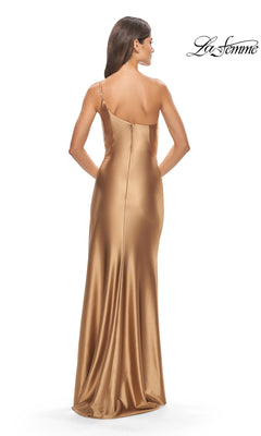 Back view of a woman in a floor-length, one-shoulder bronze liquid jersey Long Prom Dress: La Femme 31391.