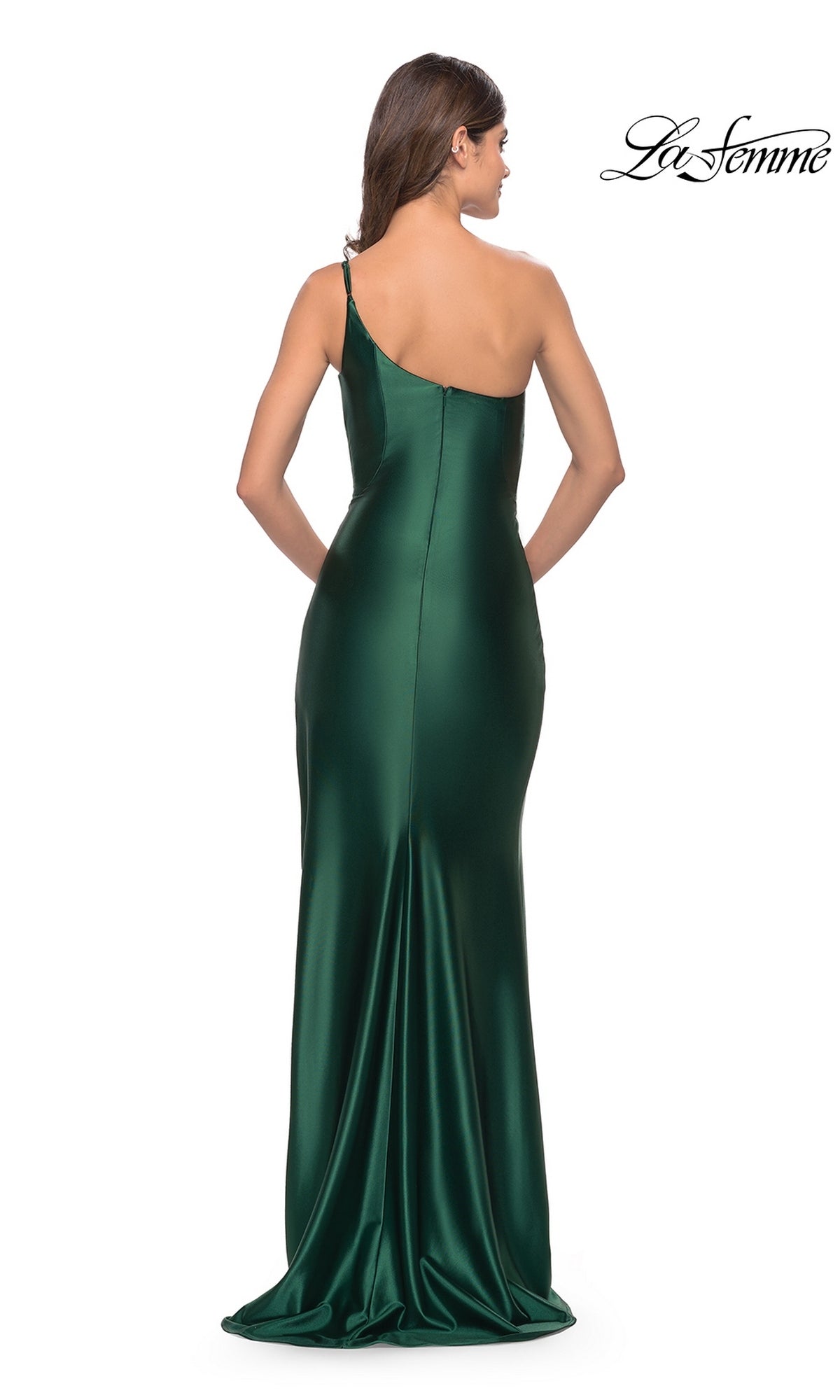 Back view of the Long Prom Dress: La Femme 31391, a floor-length, dark green one-shoulder liquid jersey gown with a slight train.