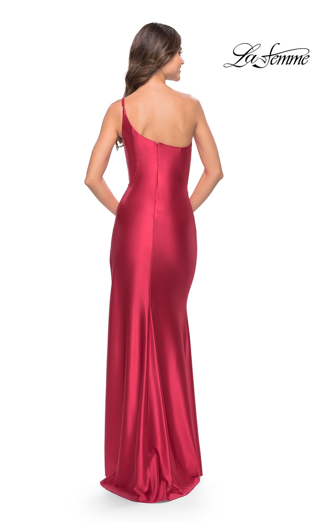 Back view of a woman wearing the Long Prom Dress: La Femme 31391, a floor-length, red one-shoulder gown in liquid jersey.