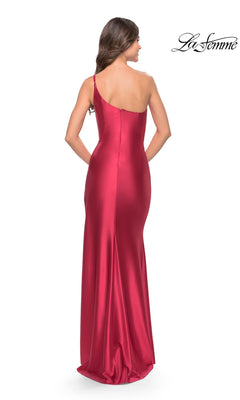 Back view of a woman wearing the Long Prom Dress: La Femme 31391, a floor-length, red one-shoulder gown in liquid jersey.