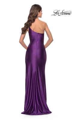Back view of a woman wearing a floor-length, purple, one-shoulder liquid jersey La Femme 31391 gown.